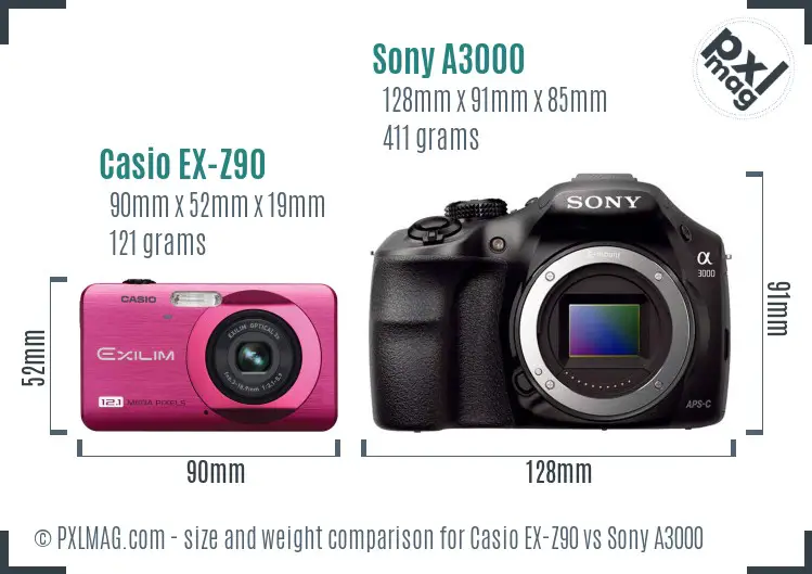 Casio EX-Z90 vs Sony A3000 size comparison