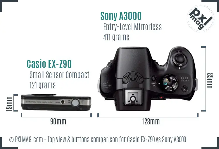 Casio EX-Z90 vs Sony A3000 top view buttons comparison