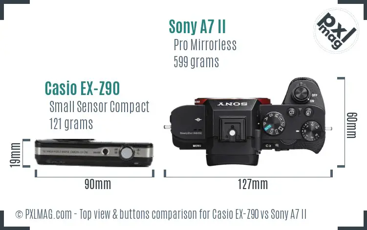 Casio EX-Z90 vs Sony A7 II top view buttons comparison