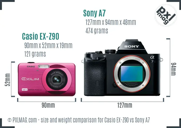 Casio EX-Z90 vs Sony A7 size comparison