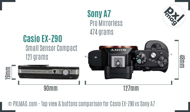 Casio EX-Z90 vs Sony A7 top view buttons comparison