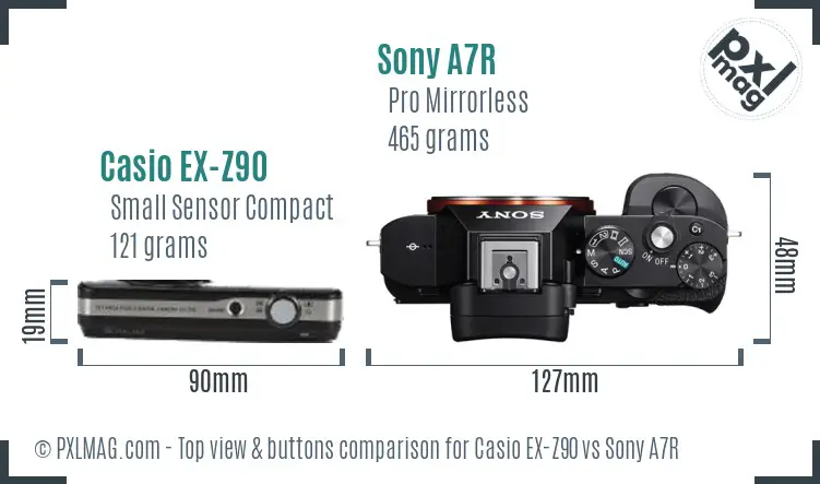 Casio EX-Z90 vs Sony A7R top view buttons comparison