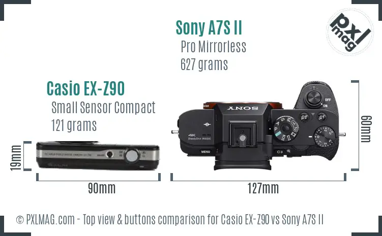 Casio EX-Z90 vs Sony A7S II top view buttons comparison
