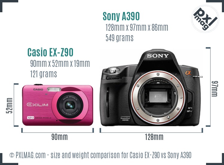 Casio EX-Z90 vs Sony A390 size comparison Casio EX-Z90 vs Sony A390 size comparison