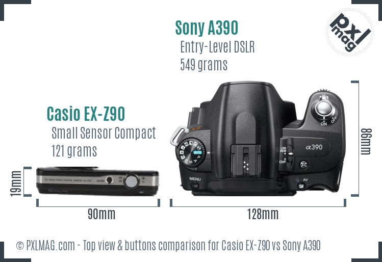 Casio EX-Z90 vs Sony A390 top view buttons comparison