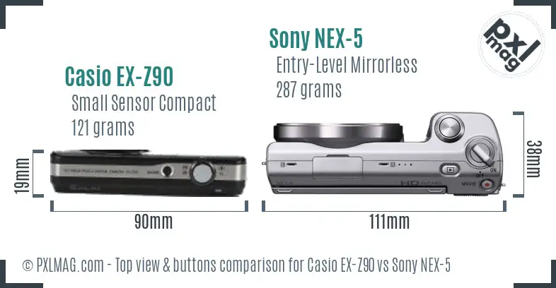 Casio EX-Z90 vs Sony NEX-5 top view buttons comparison