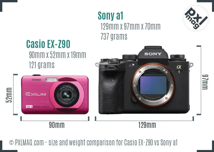 Casio EX-Z90 vs Sony a1 size comparison