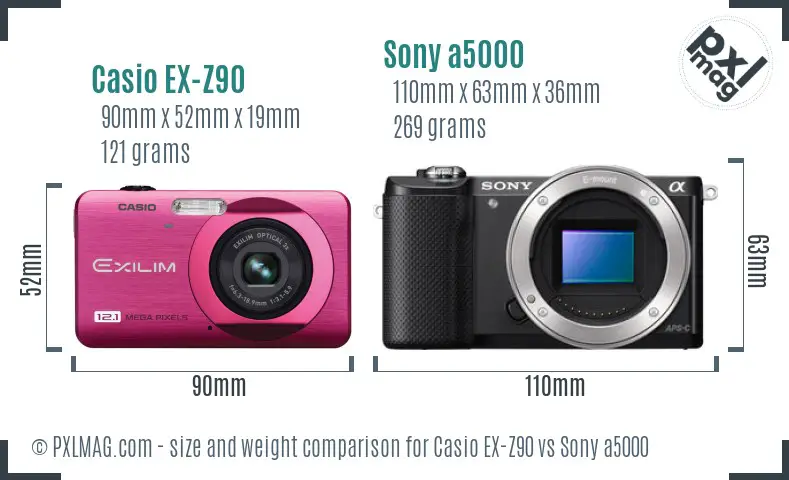 Casio EX-Z90 vs Sony a5000 size comparison