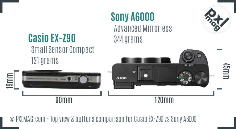 Casio EX-Z90 vs Sony A6000 top view buttons comparison