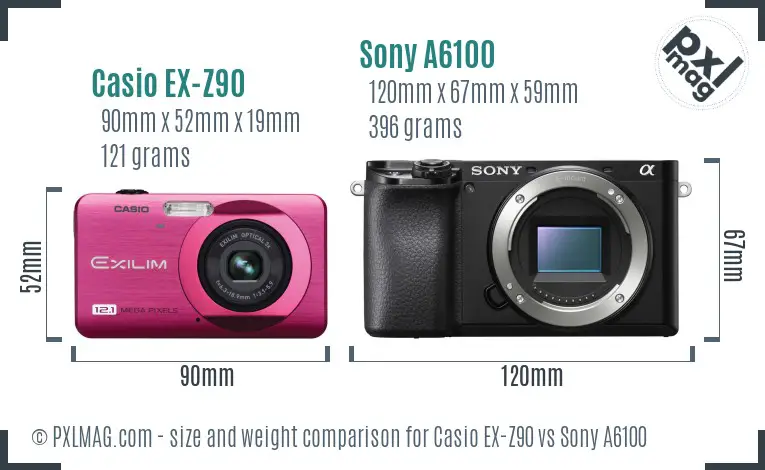 Casio EX-Z90 vs Sony A6100 size comparison