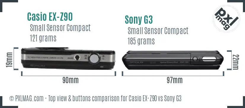 Casio EX-Z90 vs Sony G3 top view buttons comparison Casio EX-Z90 vs Sony G3 top view buttons comparison