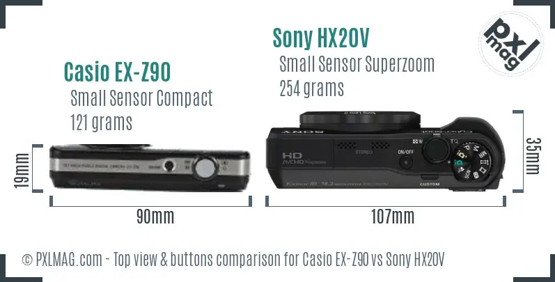Casio EX-Z90 vs Sony HX20V top view buttons comparison Casio EX-Z90 vs Sony HX20V top view buttons comparison