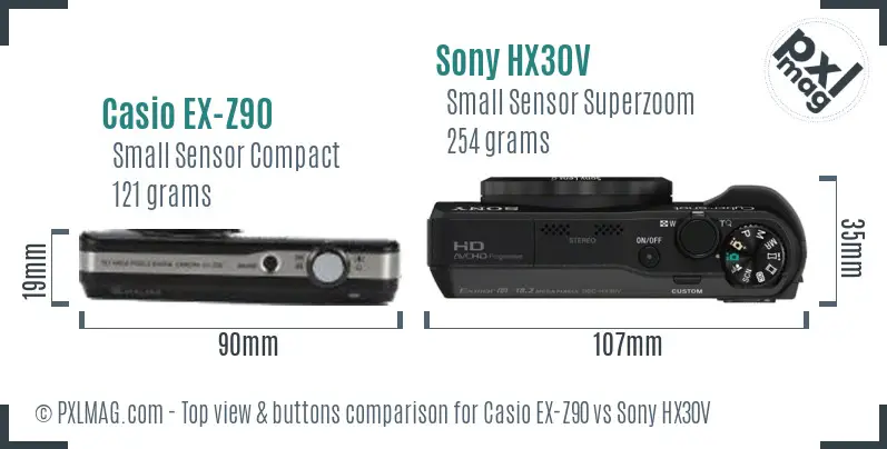 Casio EX-Z90 vs Sony HX30V top view buttons comparison