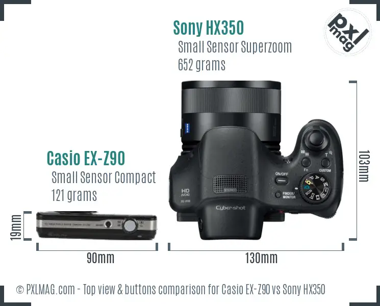 Casio EX-Z90 vs Sony HX350 top view buttons comparison Casio EX-Z90 vs Sony HX350 top view buttons comparison