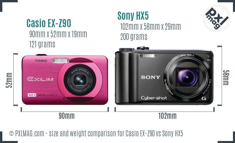 Casio EX-Z90 vs Sony HX5 size comparison