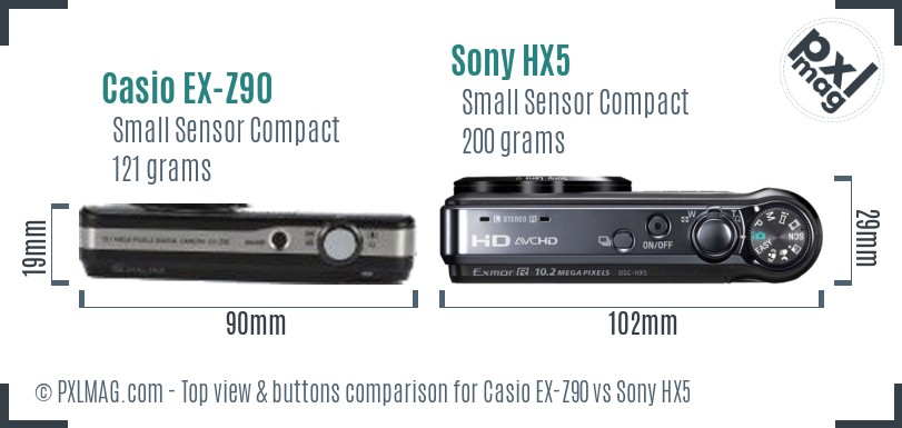 Casio EX-Z90 vs Sony HX5 top view buttons comparison