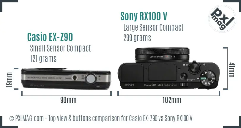 Casio EX-Z90 vs Sony RX100 V top view buttons comparison Casio EX-Z90 vs Sony RX100 V top view buttons comparison