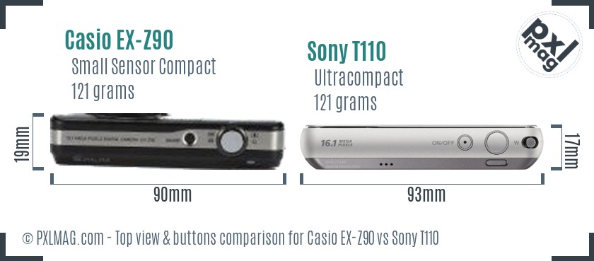 Casio EX-Z90 vs Sony T110 top view buttons comparison