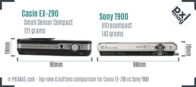 Casio EX-Z90 vs Sony T900 top view buttons comparison