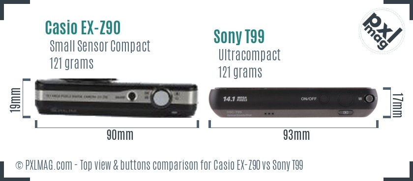 Casio EX-Z90 vs Sony T99 top view buttons comparison