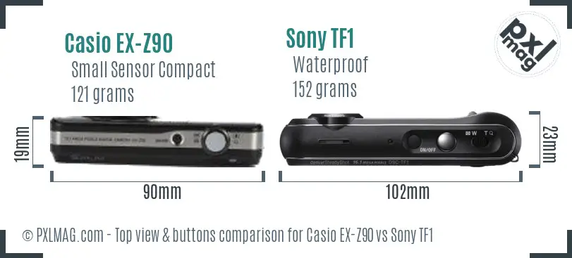 Casio EX-Z90 vs Sony TF1 top view buttons comparison