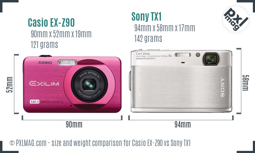 Casio EX-Z90 vs Sony TX1 size comparison