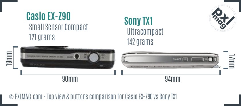 Casio EX-Z90 vs Sony TX1 top view buttons comparison