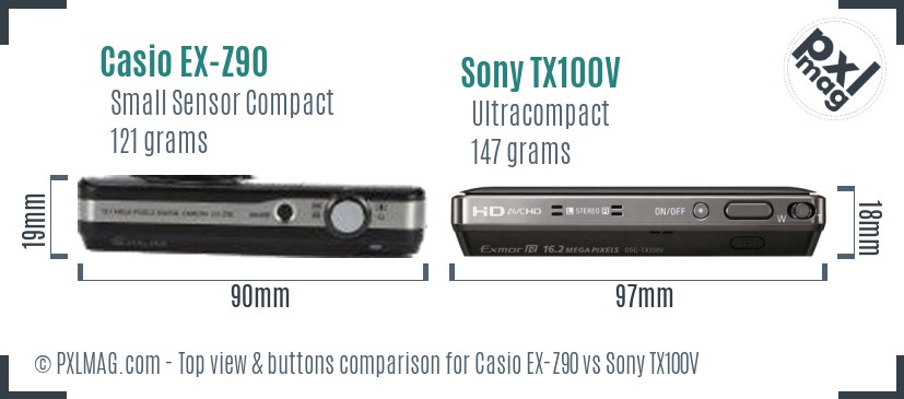 Casio EX-Z90 vs Sony TX100V top view buttons comparison