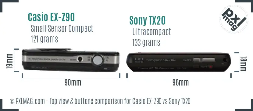Casio EX-Z90 vs Sony TX20 top view buttons comparison