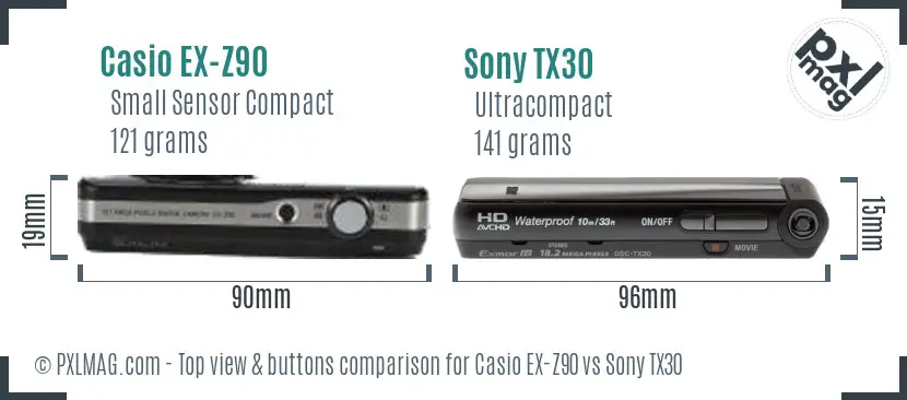 Casio EX-Z90 vs Sony TX30 top view buttons comparison