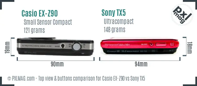 Casio EX-Z90 vs Sony TX5 top view buttons comparison