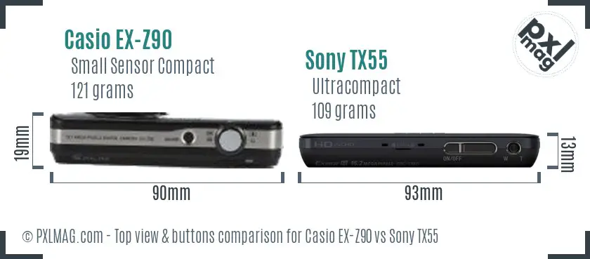 Casio EX-Z90 vs Sony TX55 top view buttons comparison Casio EX-Z90 vs Sony TX55 top view buttons comparison