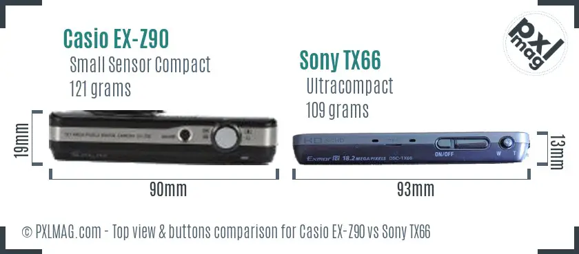 Casio EX-Z90 vs Sony TX66 top view buttons comparison