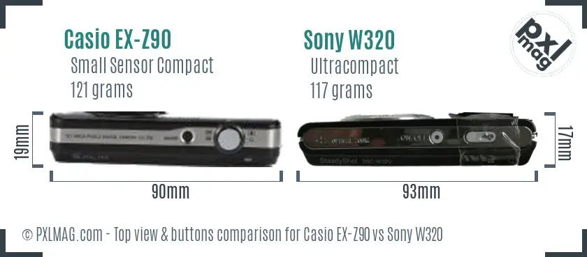 Casio EX-Z90 vs Sony W320 top view buttons comparison