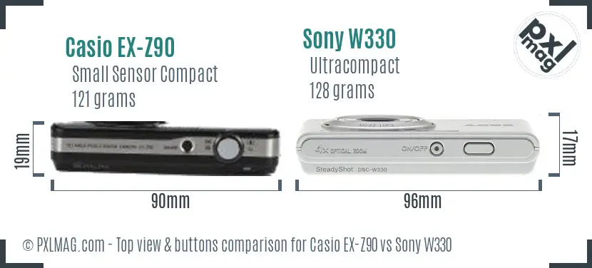 Casio EX-Z90 vs Sony W330 top view buttons comparison Casio EX-Z90 vs Sony W330 top view buttons comparison
