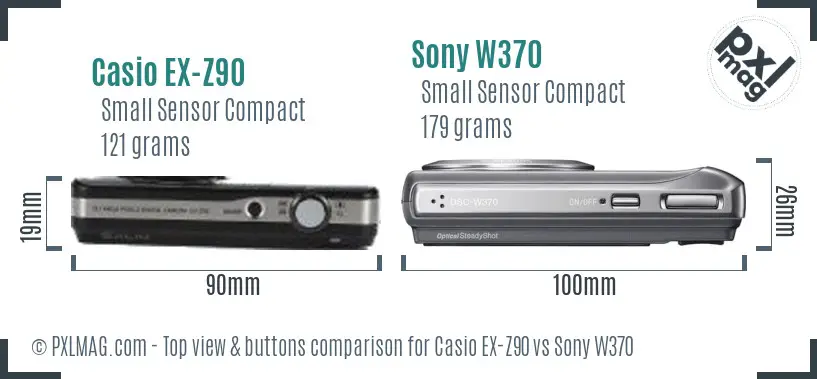 Casio EX-Z90 vs Sony W370 top view buttons comparison Casio EX-Z90 vs Sony W370 top view buttons comparison