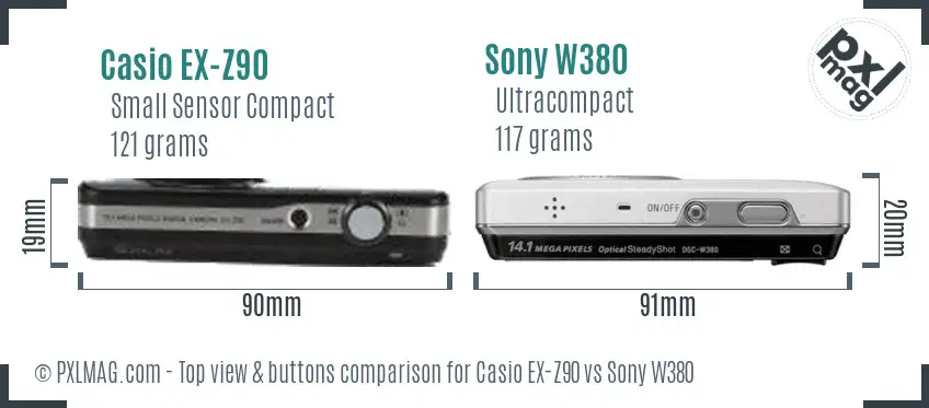 Casio EX-Z90 vs Sony W380 top view buttons comparison Casio EX-Z90 vs Sony W380 top view buttons comparison