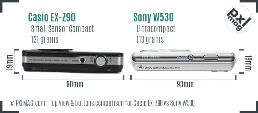 Casio EX-Z90 vs Sony W530 top view buttons comparison Casio EX-Z90 vs Sony W530 top view buttons comparison