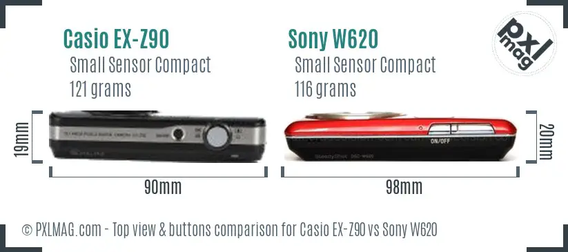 Casio EX-Z90 vs Sony W620 top view buttons comparison Casio EX-Z90 vs Sony W620 top view buttons comparison