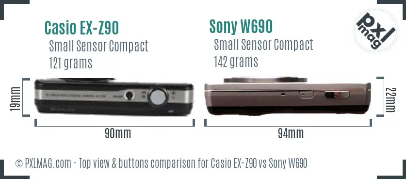 Casio EX-Z90 vs Sony W690 top view buttons comparison Casio EX-Z90 vs Sony W690 top view buttons comparison