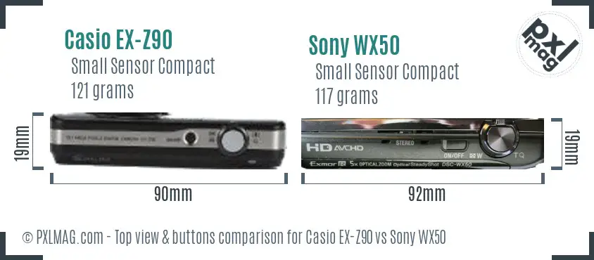 Casio EX-Z90 vs Sony WX50 top view buttons comparison Casio EX-Z90 vs Sony WX50 top view buttons comparison