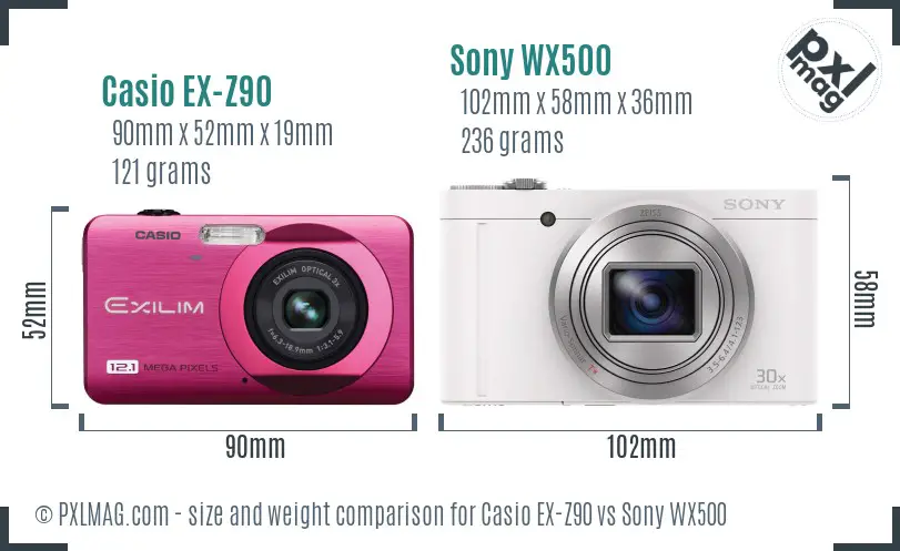 Casio EX-Z90 vs Sony WX500 size comparison