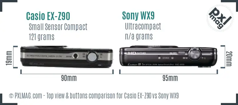 Casio EX-Z90 vs Sony WX9 top view buttons comparison Casio EX-Z90 vs Sony WX9 top view buttons comparison