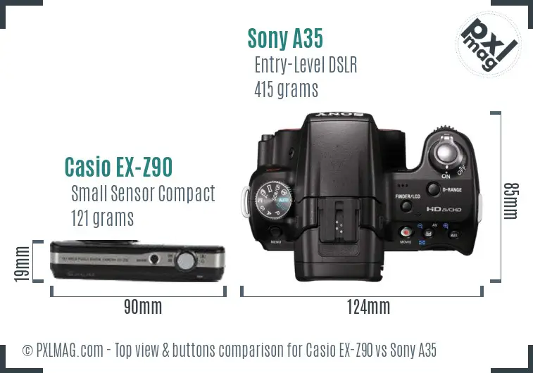 Casio EX-Z90 vs Sony A35 top view buttons comparison
