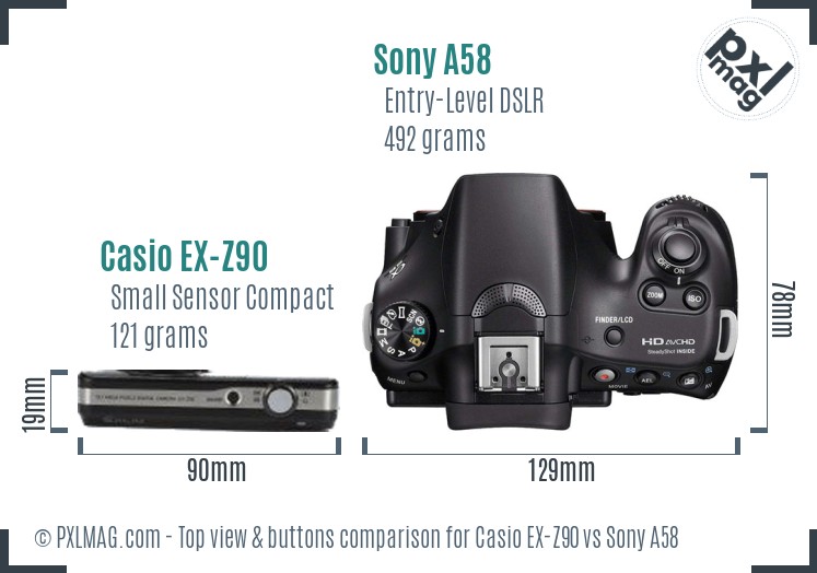 Casio EX-Z90 vs Sony A58 top view buttons comparison