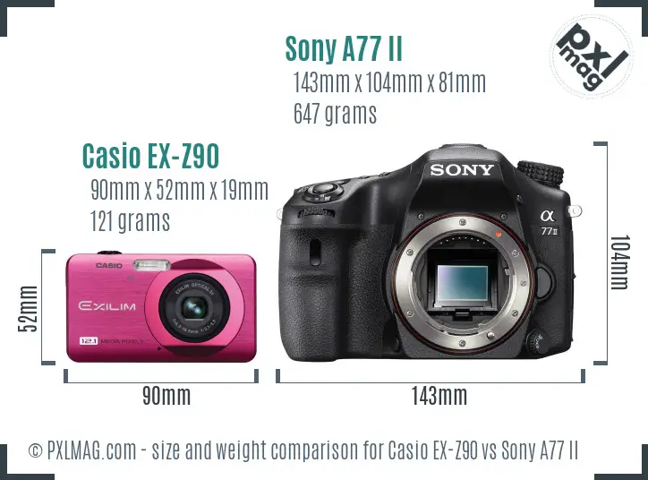 Casio EX-Z90 vs Sony A77 II size comparison