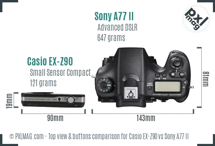 Casio EX-Z90 vs Sony A77 II top view buttons comparison