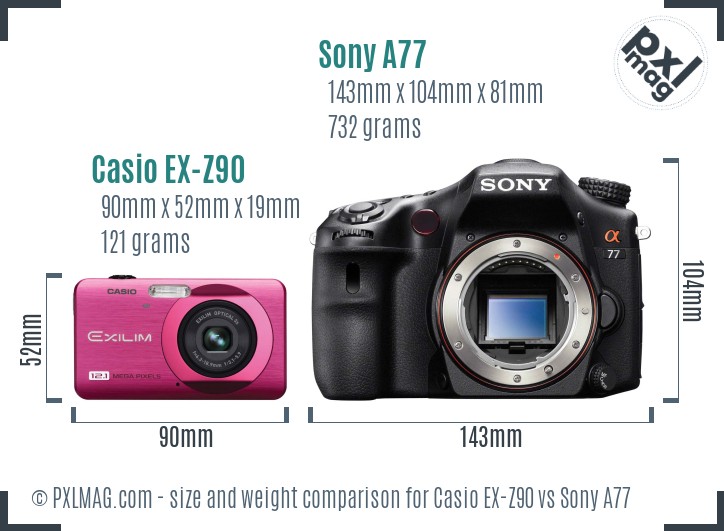 Casio EX-Z90 vs Sony A77 size comparison