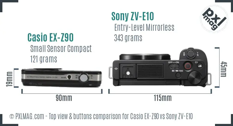 Casio EX-Z90 vs Sony ZV-E10 top view buttons comparison Casio EX-Z90 vs Sony ZV-E10 top view buttons comparison