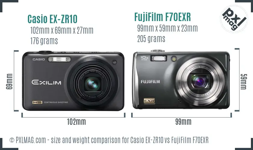 Casio EX-ZR10 vs FujiFilm F70EXR size comparison Casio EX-ZR10 vs FujiFilm F70EXR size comparison